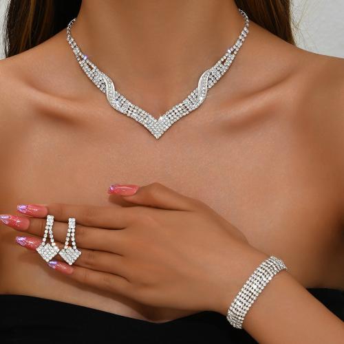 Brass Jewelry Set, with Rhinestone, plated, different styles for choice & for woman, silver color, Sold By Set