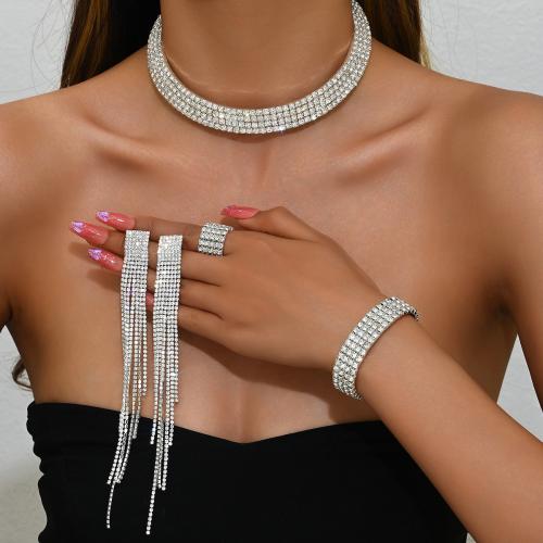 Brass Jewelry Set, finger ring & bracelet & earring & necklace, with Rhinestone, Tassel, plated, 4 pieces & different styles for choice & for woman, silver color, Sold By Set