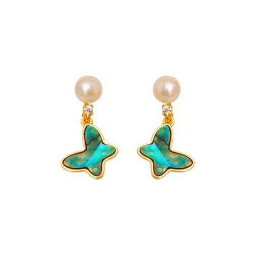 Brass Stud Earring, with Abalone Shell & Plastic Pearl, Butterfly, fashion jewelry & for woman, gold, 25x13mm, Sold By Pair