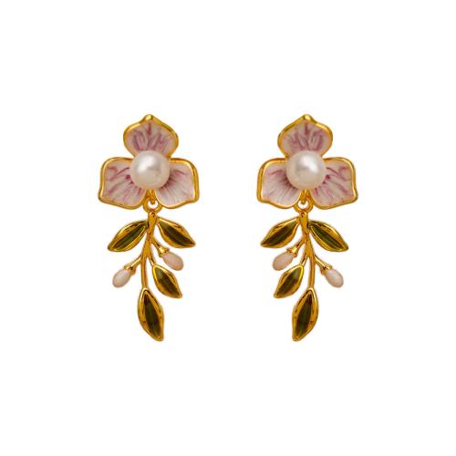 Brass Stud Earring, with Plastic Pearl, 18K gold plated, fashion jewelry & for woman & enamel, more colors for choice, 35x15mm, Sold By Pair