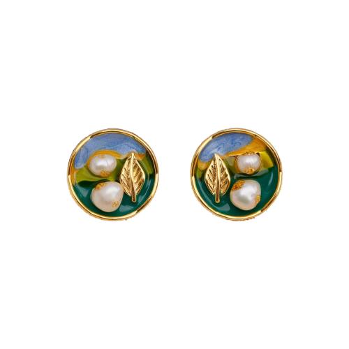 Brass Stud Earring, with Freshwater Pearl, 18K gold plated, fashion jewelry & for woman & enamel, more colors for choice, 18mm, Sold By Pair