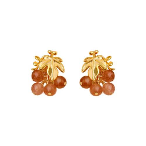 Brass Stud Earring, with Natural Stone, 18K gold plated, fashion jewelry & for woman, golden, 26x20mm, Sold By Pair