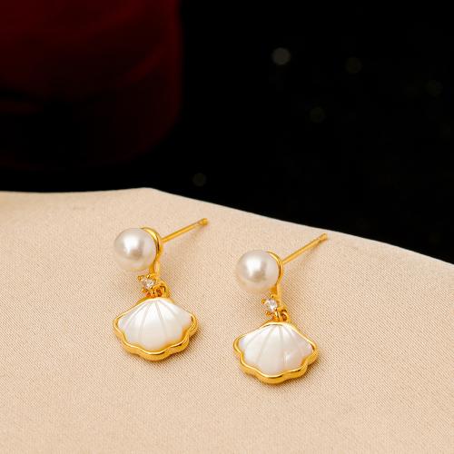 Cubic Zirconia Micro Pave Brass Earring, with Plastic Pearl, fashion jewelry & micro pave cubic zirconia & for woman, golden, 21x12mm, Sold By Pair