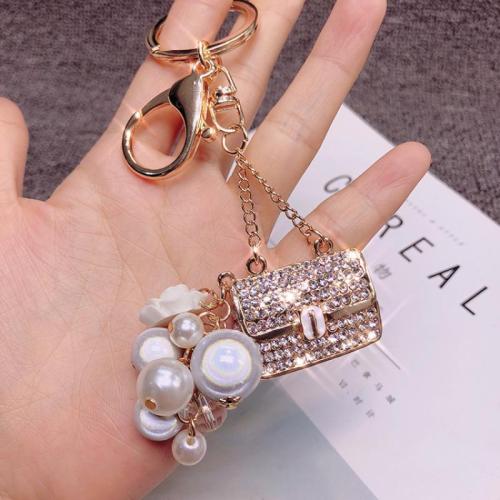 Bag Purse Charms Keyrings Keychains, Tibetan Style, with Plastic Pearl, multifunctional & with rhinestone, 118mm, Sold By PC