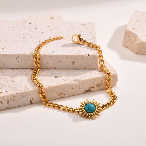 Stainless Steel Jewelry Bracelet, 304 Stainless Steel, with turquoise, with 2cm extender chain, fashion jewelry & for woman, golden, 14.30mm, Length:Approx 16 cm, Sold By PC