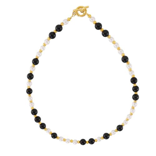 Collier d'acier titane, avec Shell Pearl & agate noire, bijoux de mode & pour femme, doré, Longueur:Environ 46 cm, Vendu par PC