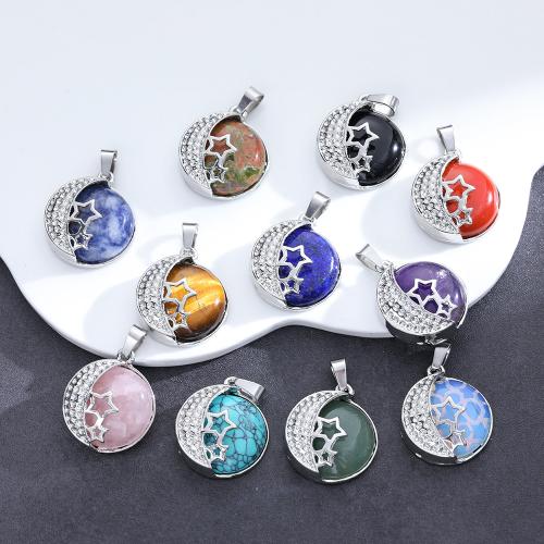 Gemstone Pendants Jewelry, Natural Stone, with Tibetan Style, Moon and Star, silver color plated, DIY & different materials for choice, more colors for choice, 32x23mm, Sold By PC