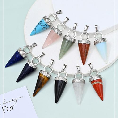 Gemstone Pendants Jewelry Natural Stone with Zinc Alloy Conical silver color plated DIY Sold By PC