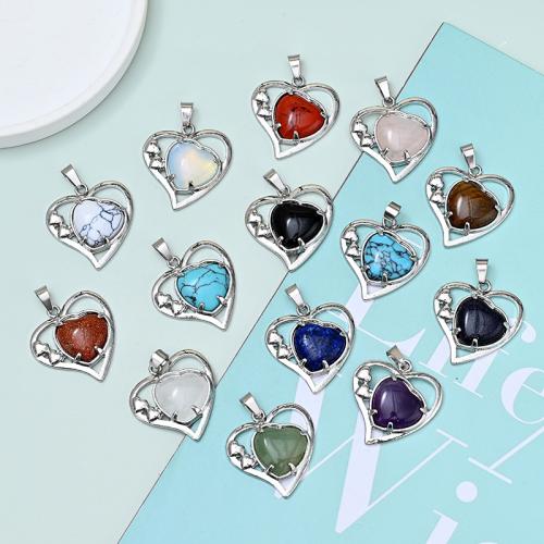 Gemstone Pendants Jewelry, Natural Stone, with Tibetan Style, Heart, silver color plated, DIY & different materials for choice, more colors for choice, 28x26mm, Sold By PC