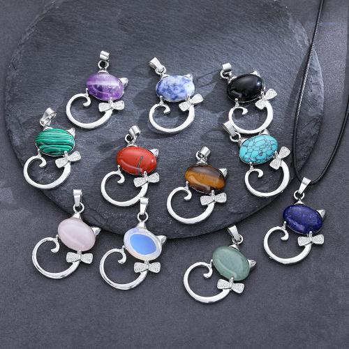 Gemstone Pendants Jewelry, Natural Stone, with Tibetan Style, Cat, silver color plated, DIY & different materials for choice, more colors for choice, 25x43mm, Sold By PC