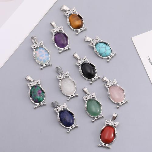 Gemstone Pendants Jewelry, Natural Stone, with Tibetan Style, Owl, silver color plated, DIY & different materials for choice, more colors for choice, 29x15mm, Sold By PC