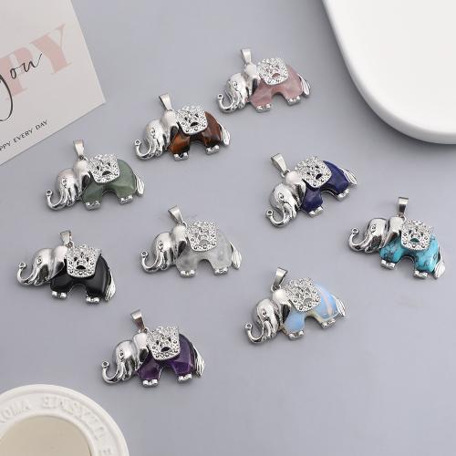 Gemstone Pendants Jewelry Natural Stone with Zinc Alloy Elephant silver color plated DIY Sold By PC