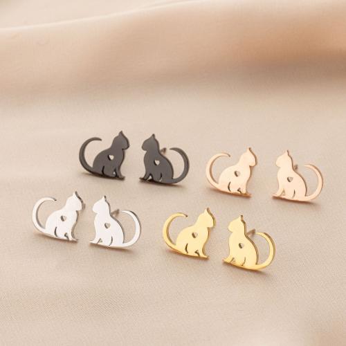 Stainless Steel Stud Earrings, 304 Stainless Steel, Cat, Vacuum Ion Plating, fashion jewelry & for woman, more colors for choice, 12mm, 12Pairs/Bag, Sold By Bag