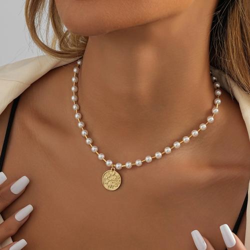 Tibetan Style Jewelry Necklace, with Plastic Pearl & Brass, with 5cm extender chain, gold color plated, fashion jewelry, golden, nickel, lead & cadmium free, Length:37 cm, Sold By PC