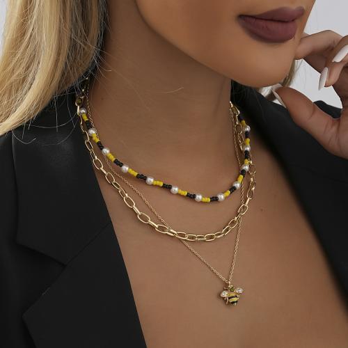 Plastic Pearl Necklace, Tibetan Style, with Seedbead & Plastic Pearl, with 7cm extender chain, gold color plated, fashion jewelry & enamel & with rhinestone, golden, nickel, lead & cadmium free, Length:36 cm, Sold By PC