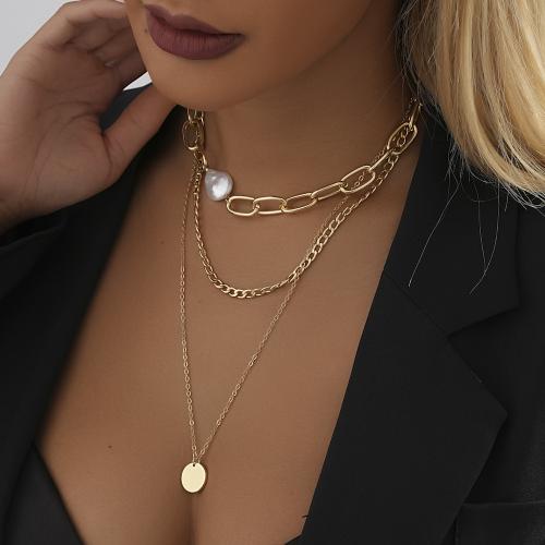 Plastic Pearl Necklace, Brass, with Plastic Pearl, with 7cm extender chain, gold color plated, fashion jewelry, golden, nickel, lead & cadmium free, Length:36 cm, Sold By PC