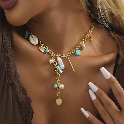 Plastic Pearl Necklace Iron with Seedbead & Shell & Plastic Pearl with 7cm extender chain gold color plated fashion jewelry golden Length 37 cm Sold By PC