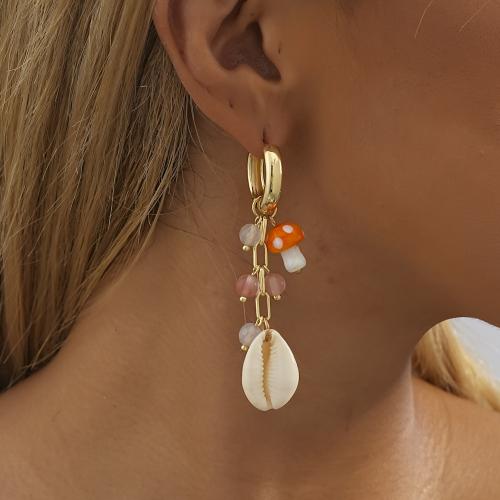 Brass Drop Earring with Natural Stone & Shell gold color plated fashion jewelry golden Sold By Pair