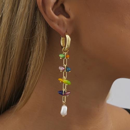 Brass Drop Earring, with Natural Stone & Plastic Pearl, gold color plated, fashion jewelry, golden, nickel, lead & cadmium free, 19x90mm, Sold By Pair