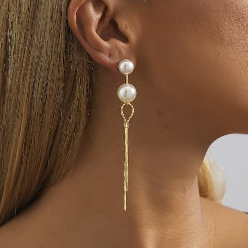 Brass Drop Earring, with Plastic Pearl, gold color plated, fashion jewelry, golden, nickel, lead & cadmium free, 10x90mm, Sold By Pair