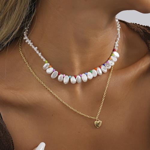 Plastic Pearl Necklace, Iron, with Seedbead & Plastic Pearl, gold color plated, fashion jewelry, golden, Sold By PC