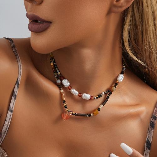 Gemstone šperky náhrdelník, Přírodní kámen, s Plastové Pearl, módní šperky, smíšené barvy, Prodáno By PC