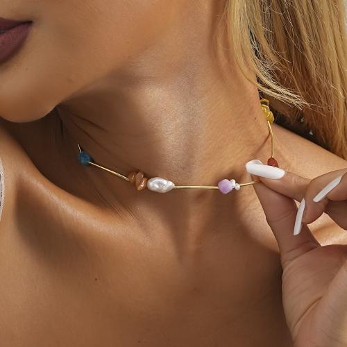 Natural Gemstone Necklace, Iron, with Natural Stone & Plastic Pearl, with 7cm extender chain, gold color plated, fashion jewelry, mixed colors, Length:33 cm, Sold By PC