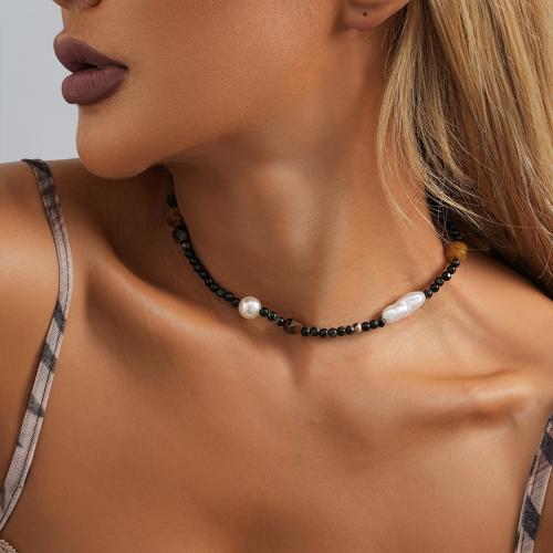 Natural Gemstone Necklace Natural Stone with Plastic Pearl with 7cm extender chain gold color plated fashion jewelry black Length 37 cm Sold By PC