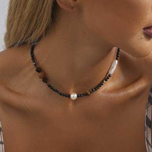 Natural Gemstone Necklace, Natural Stone, with Plastic Pearl, with 7cm extender chain, fashion jewelry, mixed colors, Length:37 cm, Sold By PC