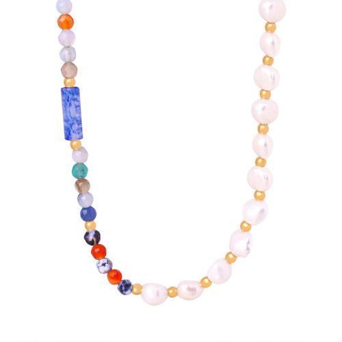 Collier d'acier titane, avec Pierre naturelle & Agate & perle d'eau douce cultivée, avec 7cm chaînes de rallonge, fait à la main, bijoux de mode & pour femme, Or, Longueur:Environ 40 cm, Vendu par PC