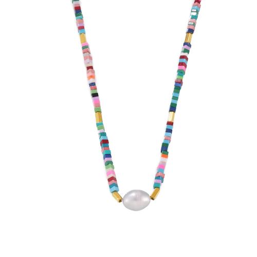 Collier d'acier titane, avec Pierre naturelle & perle de plastique, avec 8cm chaînes de rallonge, Placage, bijoux de mode & pour femme, doré, Longueur:Environ 40 cm, Vendu par PC