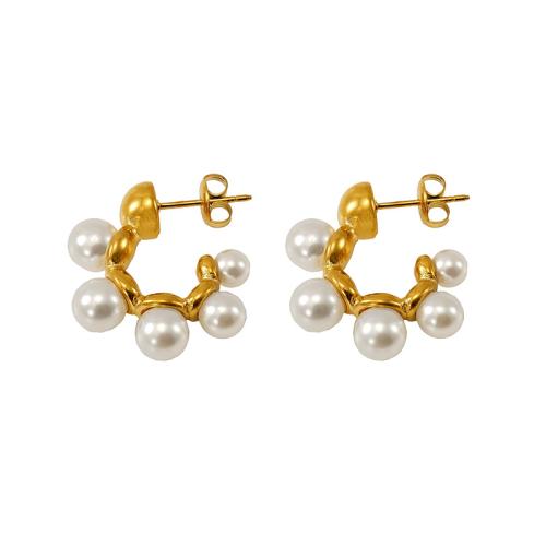 Pendientes de Acero Inoxidable, acero inoxidable 304, con Perlas plásticas, 18K chapado en oro, Joyería & para mujer, Vendido por Par