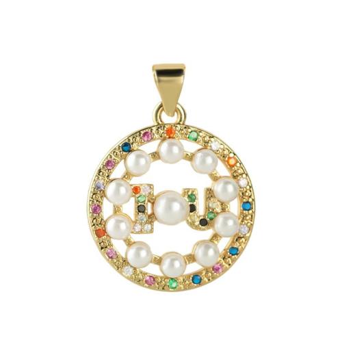 Cubic Zirconia Micro Pave Brass Pendant, with Plastic Pearl, plated, DIY & micro pave cubic zirconia, golden, Sold By PC