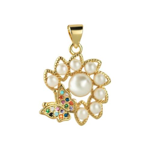 Cubic Zirconia Micro Pave Brass Pendant, with Plastic Pearl, plated, DIY & micro pave cubic zirconia, golden, Sold By PC