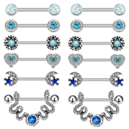 Tibetan Style nipple ring, Unisex & different styles for choice & micro pave cubic zirconia & enamel, silver color, Sold By PC