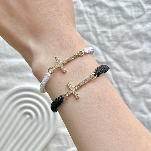 Tibetan Style Bracelet, with Polyamide & Copper Coated Plastic, Cross, plated, for woman & with rhinestone, mixed colors, nickel, lead & cadmium free, Length:18-26 cm, Sold By Set