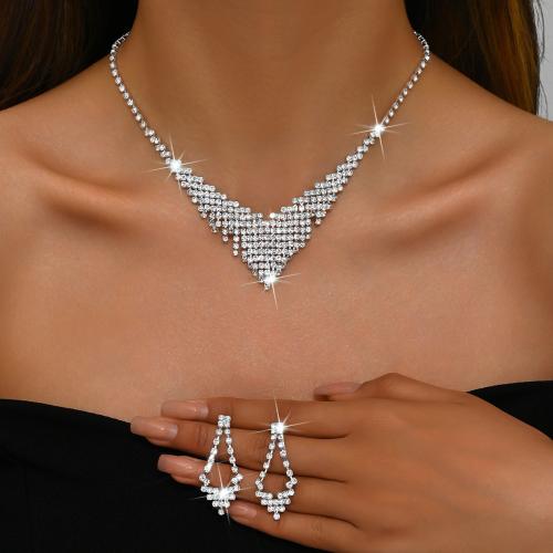 Brass Jewelry Set earring & necklace with Rhinestone Geometrical Pattern plated 2 pieces & for woman silver color Sold By Set