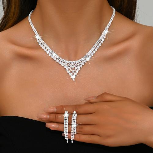 ottone set di gioielli fashion, orecchino & Collana, with strass, placcato, 2 pezzi & per la donna, argento, Venduto da set