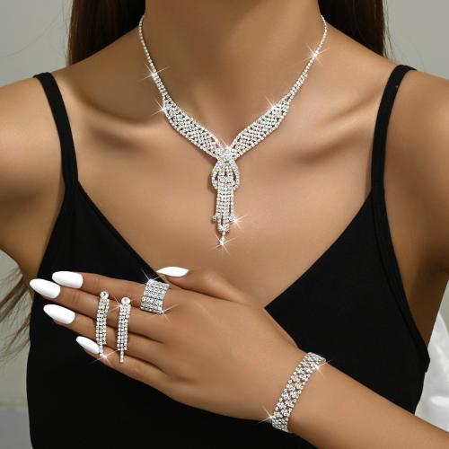 Brass Jewelry Set, with Rhinestone, plated, different styles for choice & for woman, silver color, Sold By Set