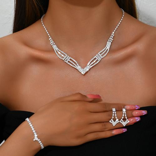 Brass Jewelry Set bracelet & earring & necklace with Rhinestone plated three pieces & for woman silver color Sold By Set