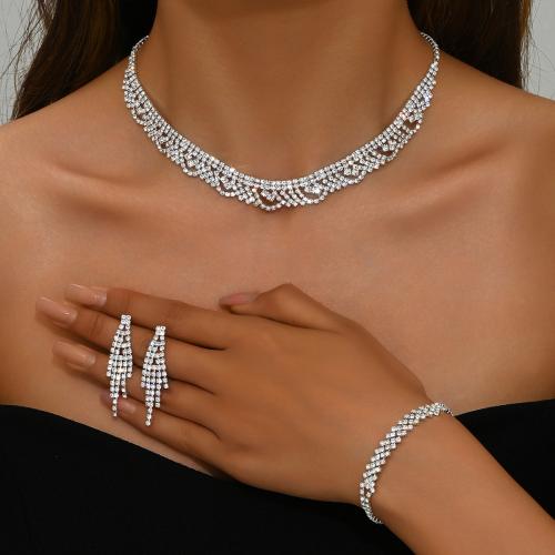 Brass Jewelry Set bracelet & earring & necklace with Rhinestone plated three pieces & for woman silver color Sold By Set