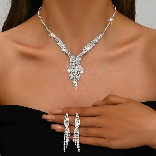 ottone set di gioielli fashion, orecchino & Collana, with strass, placcato, 2 pezzi & per la donna, argento, Venduto da set