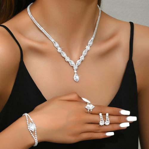 Brass Jewelry Set, with Rhinestone, plated, different styles for choice & micro pave cubic zirconia & for woman, silver color, Sold By Set