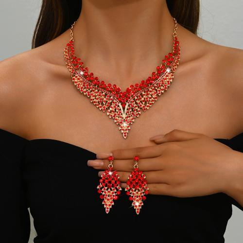 Brass Jewelry Set, earring & necklace, with Rhinestone, plated, 2 pieces & for woman, more colors for choice, Sold By Set