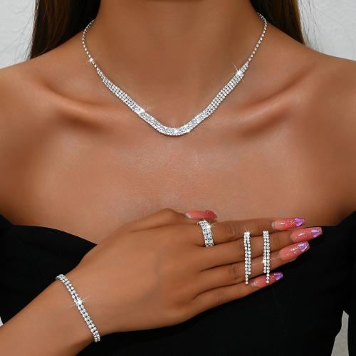 Brass Jewelry Set finger ring & bracelet & earring & necklace with Rhinestone plated 4 pieces & for woman silver color Sold By Set