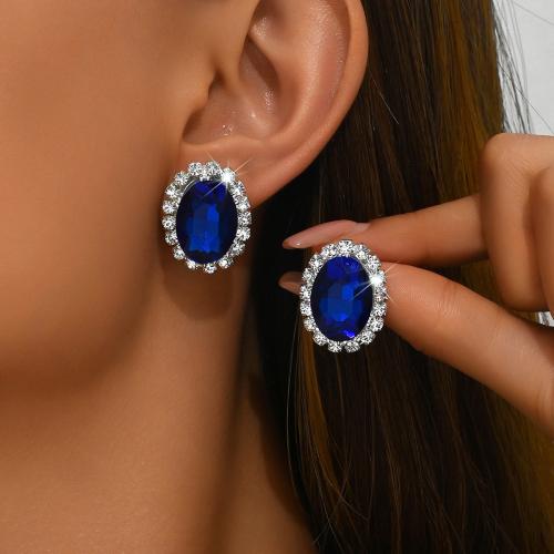 Tibetan Style Stud Earring, with Crystal, Oval, plated, for woman & with rhinestone, more colors for choice, 20x25mm, Sold By Pair