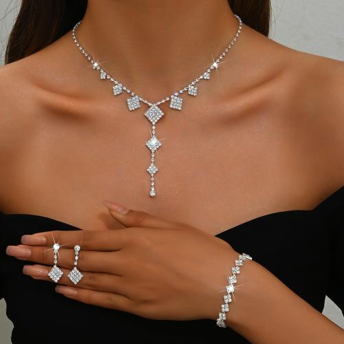 Brass Jewelry Set with Rhinestone Geometrical Pattern plated & for woman silver color Sold By Set