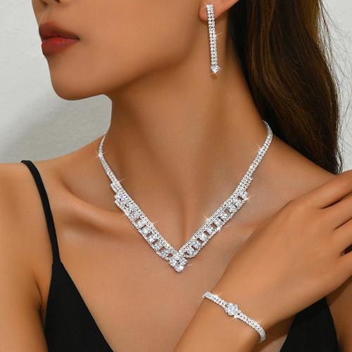 Brass Jewelry Set bracelet & earring & necklace plated three pieces & micro pave cubic zirconia & for woman silver color Sold By Set