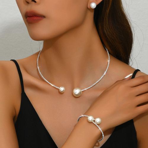 Brass Jewelry Set, collar & bangle, with Plastic Pearl, plated, 2 pieces & for woman & with rhinestone, more colors for choice, Sold By Set