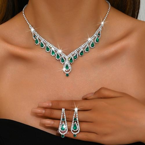 Brass Jewelry Set earring & necklace with Rhinestone Teardrop plated 2 pieces & for woman Sold By Set